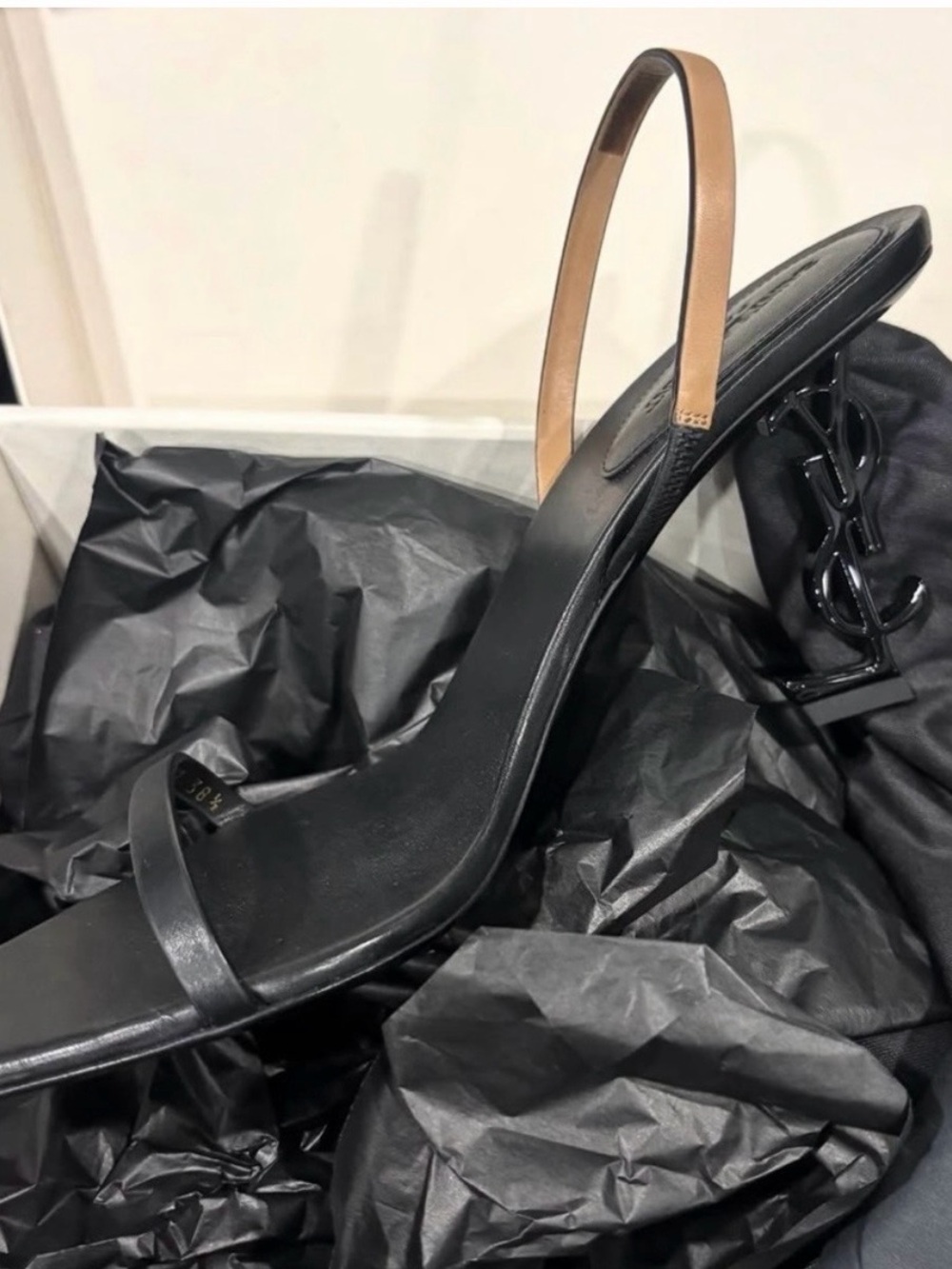Yves Saint Laurent Black Sandal with Tan Sling and Logo Heel - Picture 2 of 5